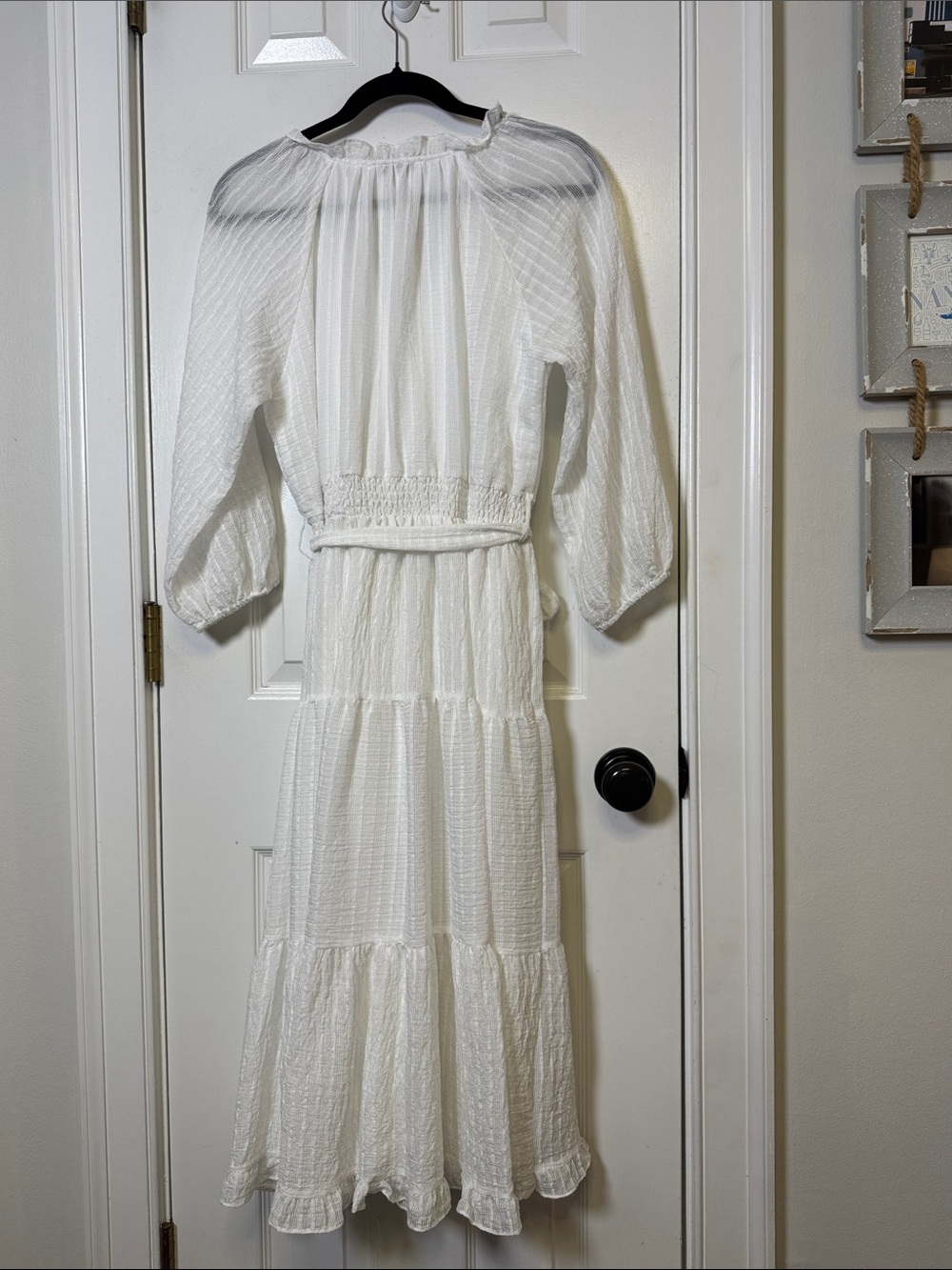 Moon River White Textured Tiered Midi Dress | Smocked Waist Boho Cottagecore M - Picture 7 of 9